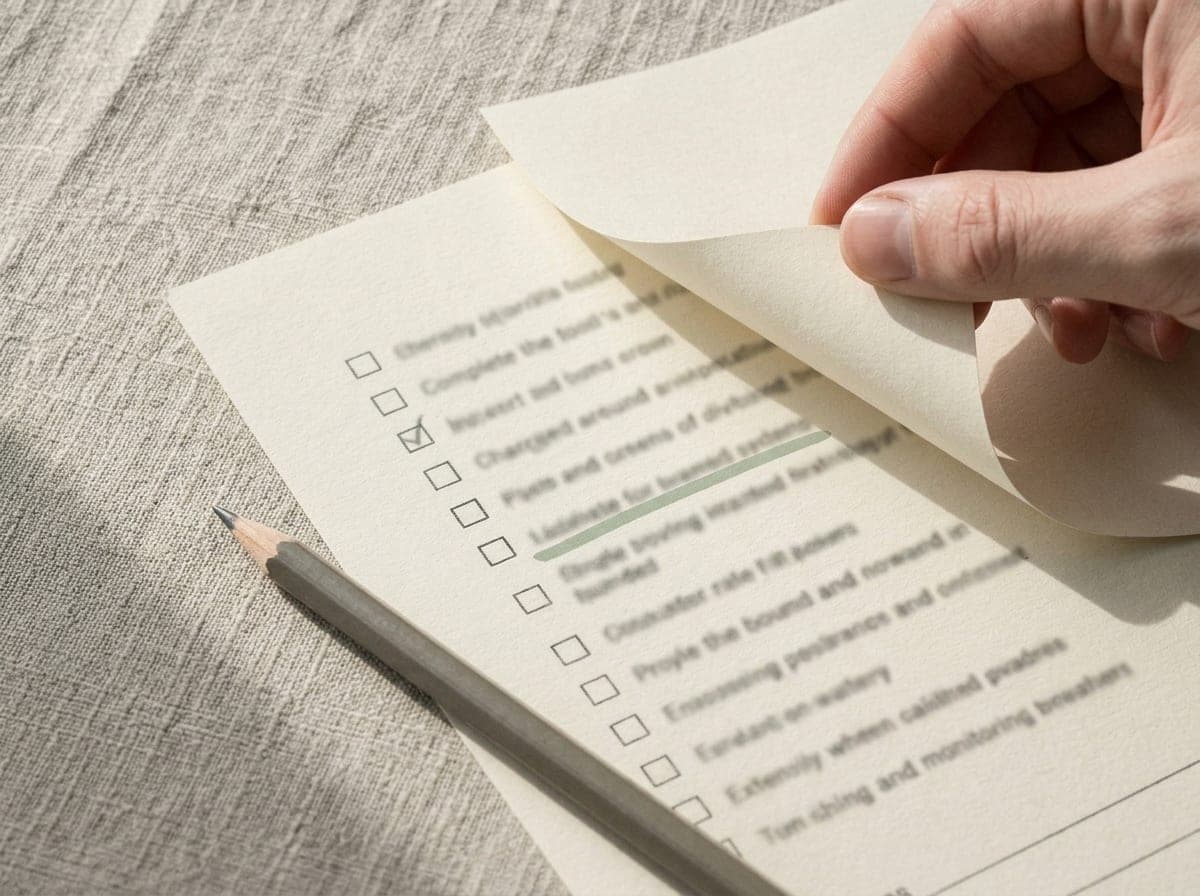 A hand turning the corner of a printed checklist resting on linen, with a graphite pencil alongside