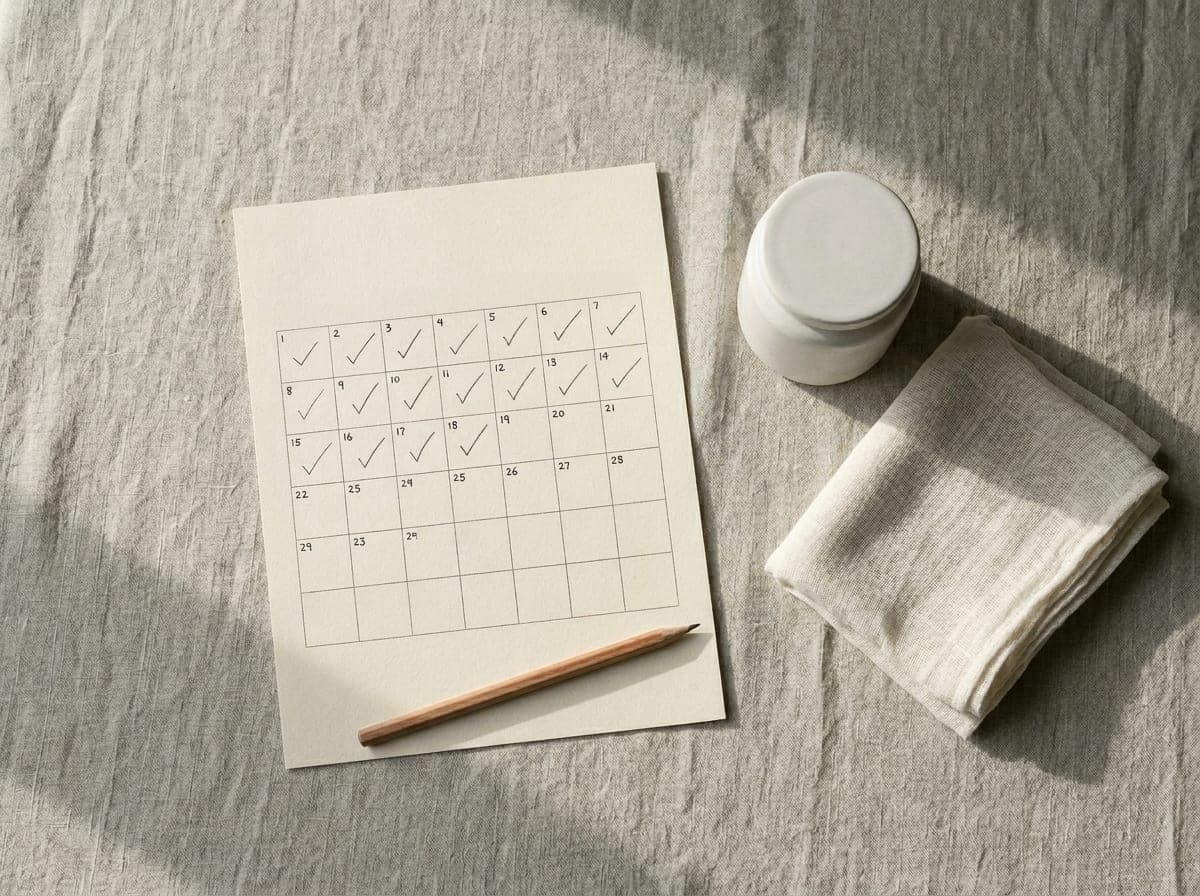 A printed 45-day calendar grid with pencil ticks, beside a plain ceramic jar of cream and a folded muslin cloth on linen