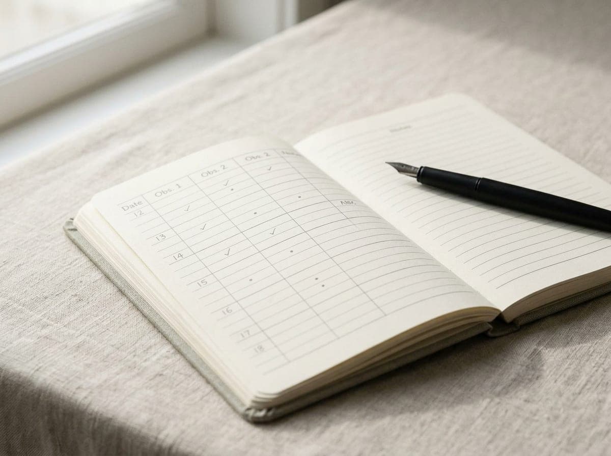 An open notebook showing a hand-drawn observation log grid, with a black fountain pen resting across the page