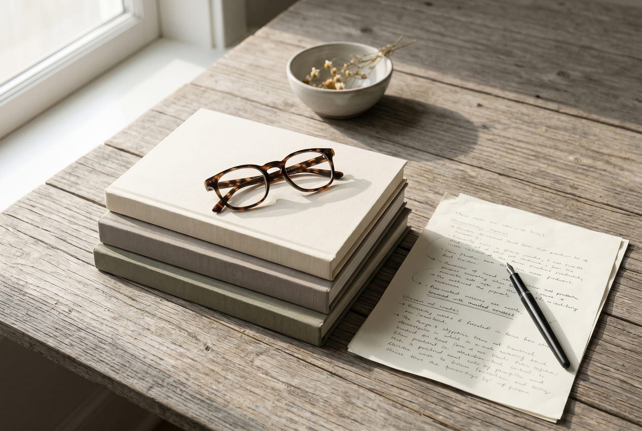 A clinician's desk with a stack of three hardcover dermatology journals, folded tortoiseshell reading glasses, a fountain pen, a page of handwritten research notes, and a ceramic bowl of dried chamomile
