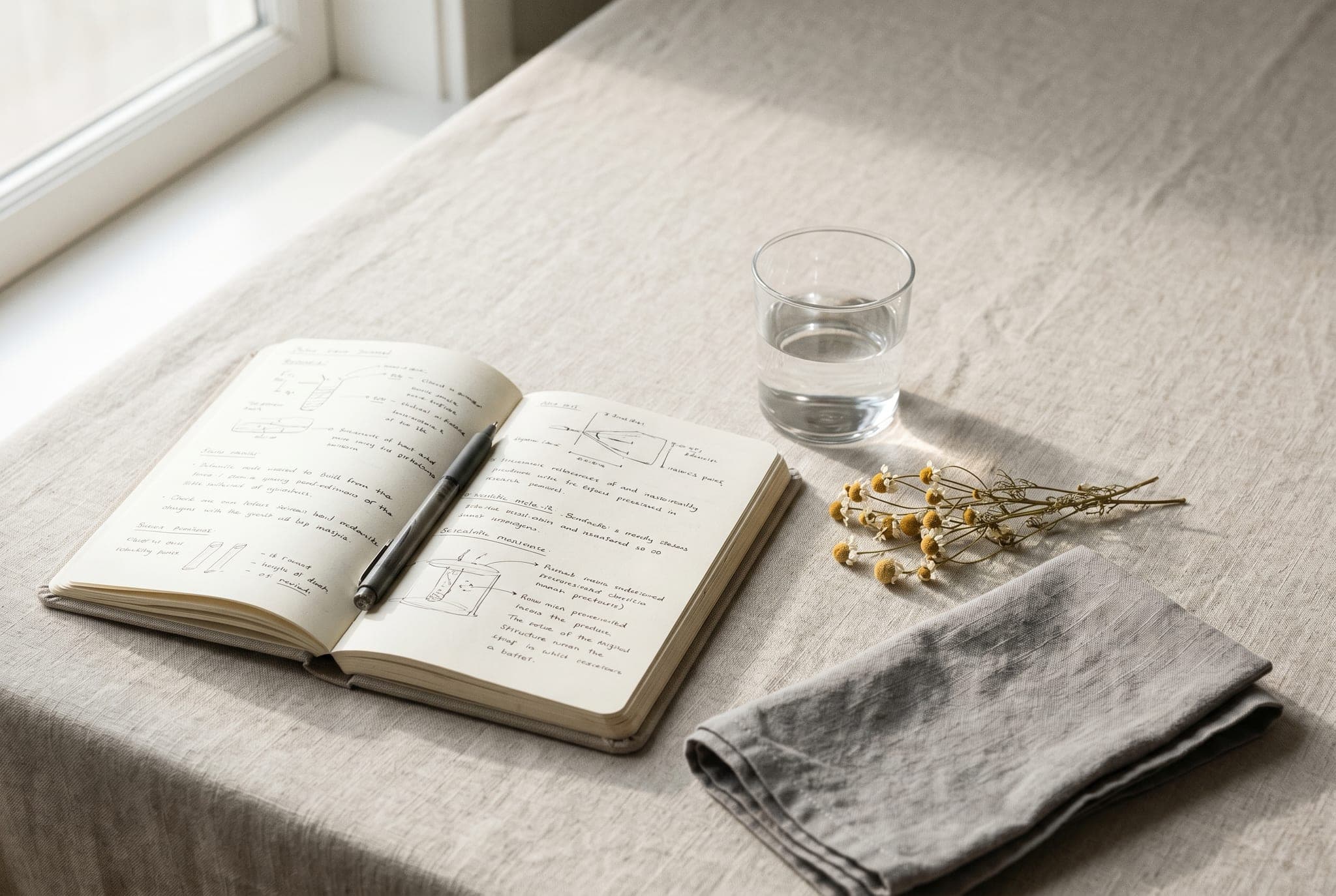 A research notebook with handwritten diagrams beside a glass of water, dried chamomile, and folded linen cloth