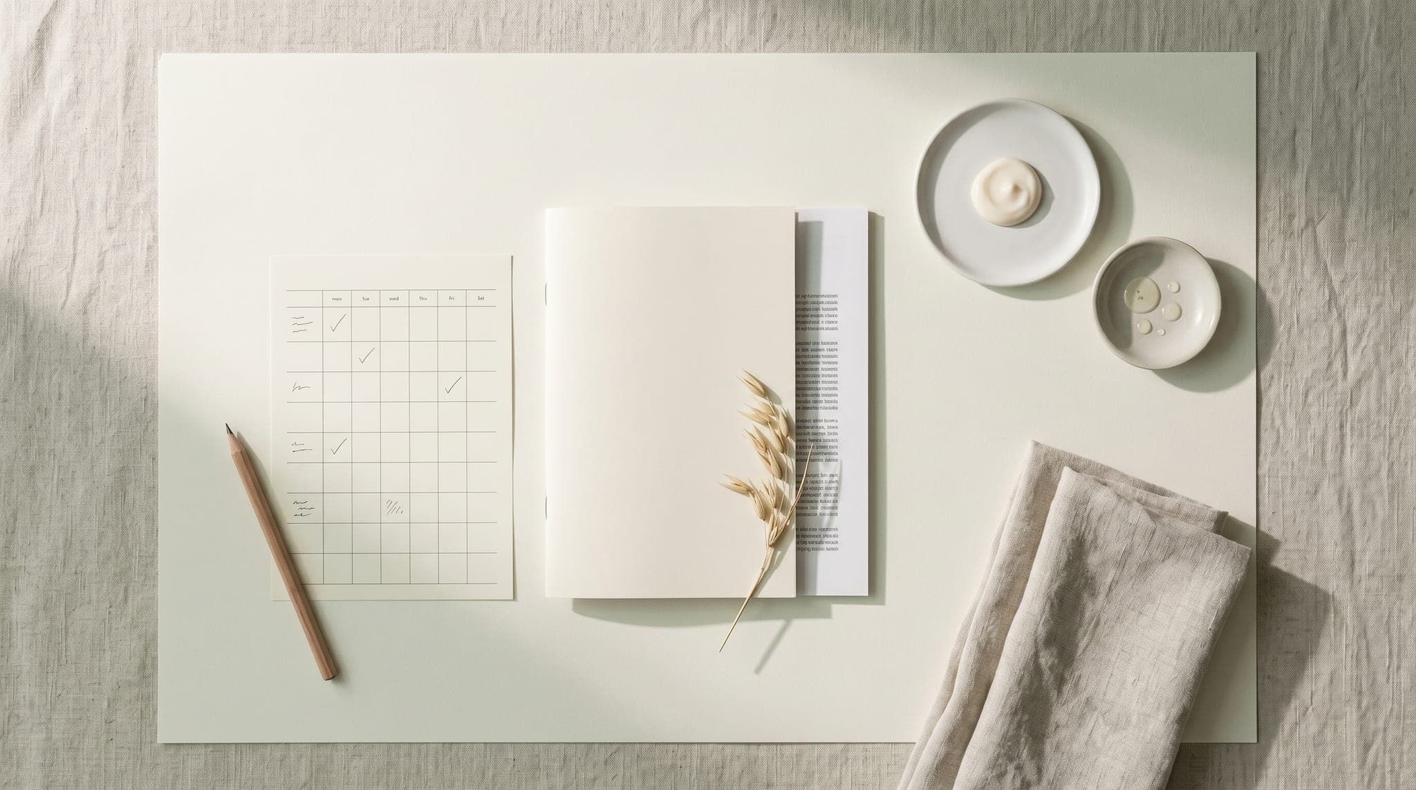 Overhead flat-lay of the xmahub protocol laid out as a complete system: tracking log, printed booklet, ceramic dish of cream, folded linen cloth, and an oat sprig on a warm off-white surface
